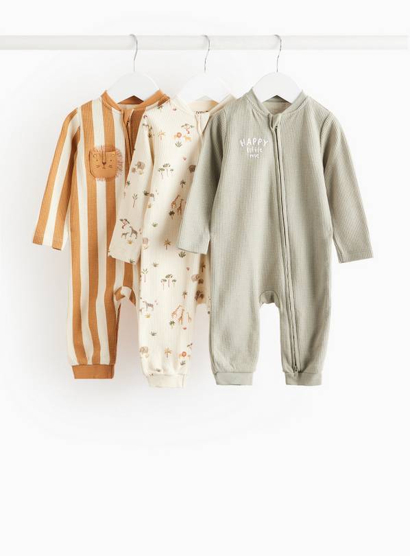 Safari Animals Printed Waffle Sleepsuit 3 Pack 9-12 months